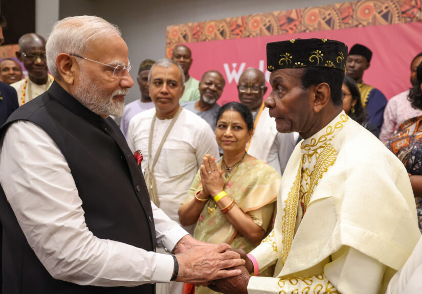 PM receives warm welcome by the Indian community, in Ghana on July 03, 2025.