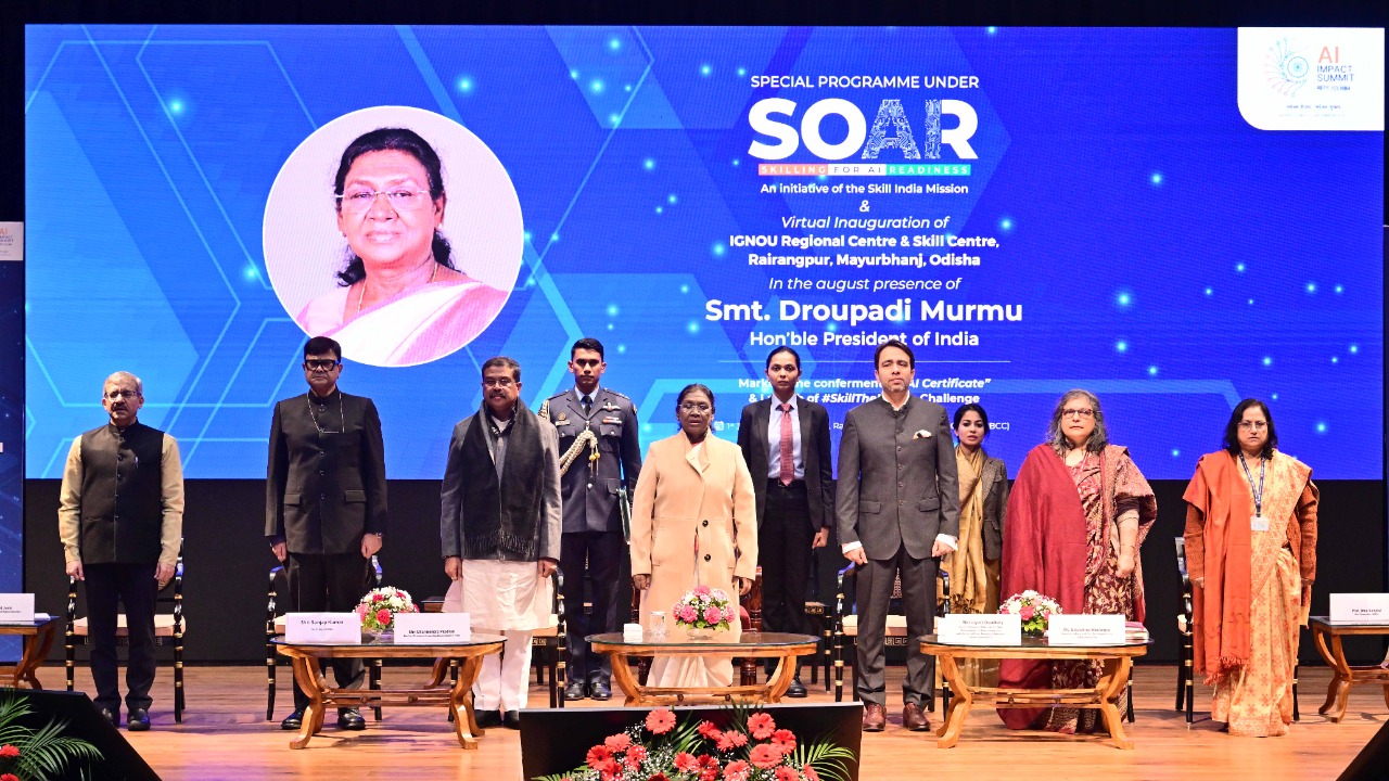 President launches #SKILLTHENATION AI Challenge and virtually inaugurates IGNOU Regional Centre and Skill Centre at Rayarangapur, Odisha